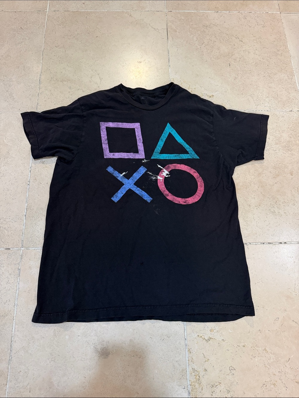 Vintage Sony Black Tee with Purple Square, Teal Triangle, Blue X and Pink Circle